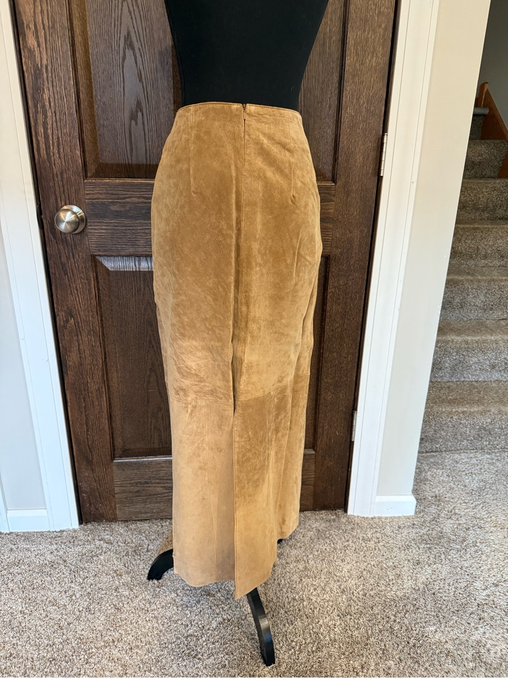 Vintage 90s 100% Genuine Suede Leather Maxi Skirt Camel Tan Long Column Size 4 - Picture 5 of 14